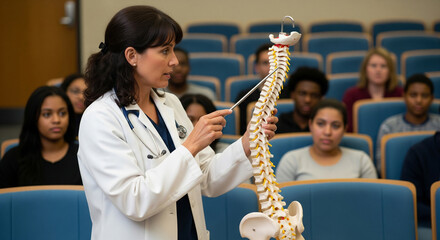 Doctor demonstrates spine anatomy on model during training for intern students at medical university