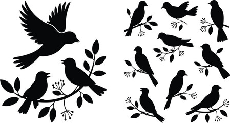 Obraz premium Bird Silhouettes on Branches Black Birds Flying, Perched on Twigs, Element