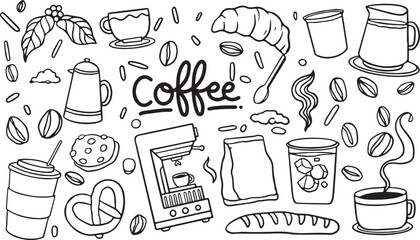 Coffee Shop Doodle Vector – Coffee Cup, Mug, Beans, Café, Espresso, Tea, Brewing, Barista, Steam, Hot Drink, Relax, Morning, Beverage, Roasted, Cozy