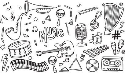 Music Studio Doodle Vector – Microphone, Guitar, Headphones, Notes, Piano, Sound, Band, Audio, Recording, Melody, Jazz, Instrument, Entertainment, DJ, Playlist
