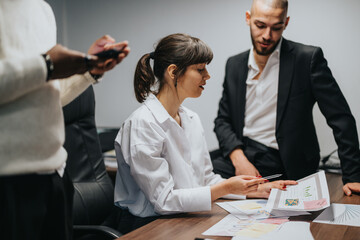 A group of professionals in a modern office analyzing reports and sharing ideas, representing...