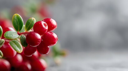 Wild cowberry on blurred background. Ripe red forest berries Vaccinium vitis-idaea with green leaves. copy space