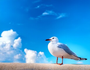 beautiful seagull against the background of blue sky and clouds
