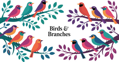 Colorful Birds Perched on Branches Cartoon Illustration of Teal, Purple, Pink and Orange Birds