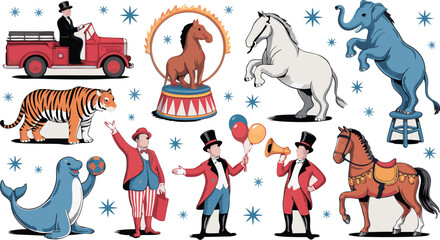 Colorful Circus Animals and Performers Illustration Vintage Style Tiger, Elephant, Horses, Seal, and Red Coats