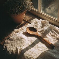 Wooden spoon on linen cloth by window