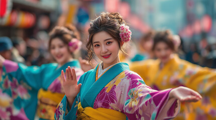 Naklejka premium Woman in Bright Yukata Waving to Crowd During Awa Odori Festival Parade Highlighting the Joyful Spirit of Traditional Japanese Summer Dance in Vibrant Urban Streets