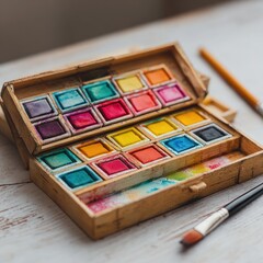 Colorful watercolor paints in a wooden box