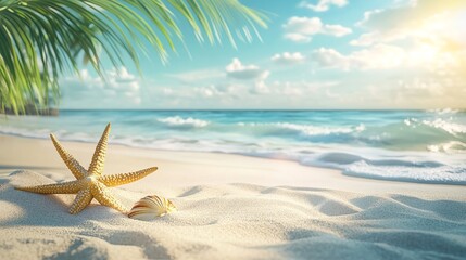 Beach vacation starfish seashell sand ocean waves palm tree summer travel destination tropical paradise relaxing 100 silhouette