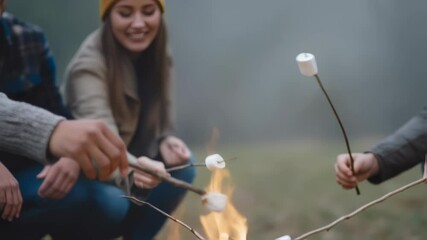 Campfire companions roasting marshmallows, sharing laughter amid glowing flames and woodland shadows on peaceful evening