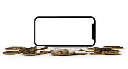 Smartphone with bitcoins mockup isolated with transparent screen png	
