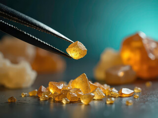 A hyper-realistic close-up of a pair of precision black tweezers delicately holding a small, semi-transparent yellow crystal shard above a smooth dark surface