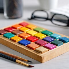 Colorful watercolor paint set on a light wooden tray