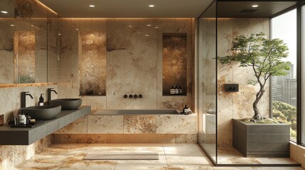 Fototapeta premium Modern bathroom interior with natural stone accents and a bonsai tree.