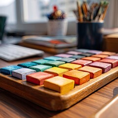 Colorful square blocks on wooden tray, artist's supplies in background