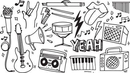  Rock Music Doodle Vector – Guitar, Drum, Speaker, Lightning, Microphone, Concert, Rock Band, Amp, Notes, Sound, Power, Musician, Electric, Loud, Festival