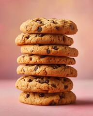 Tower of Sweetness: A tempting stack of golden-baked cookies with generous chocolate chips, showcasing a perfect treat for indulgence.