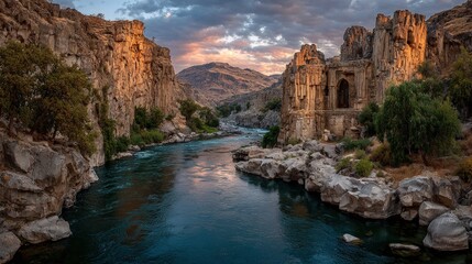 River flows between rock formations under a dramatic sky, creating a stunning landscape view