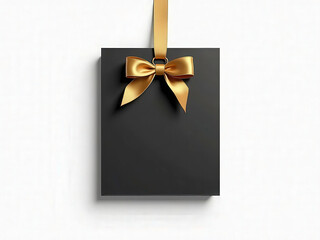 black gift name tag with golden ribbon bow isolated on white