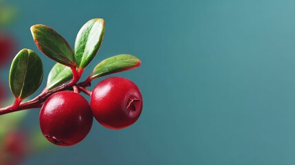 Wild cowberry on plain background. Ripe red forest berries Vaccinium vitis-idaea with green leaves. copy space