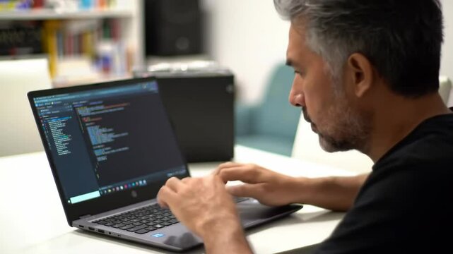 Man works on laptop, writing code at desk in home office setting