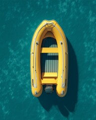 Yellow Dinghy on Aqua Water: A vibrant yellow dinghy bobs gently on crystal-clear water, a minimalist composition evoking tranquility and adventure.