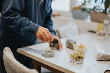 A senior man carefully handling dried herbs on a marble kitchen counter, surrounded by bowls and bags of natural ingredients, showcasing a traditional and peaceful activity.