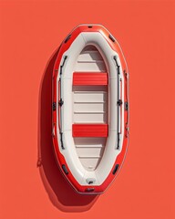 Red and White Inflatable Boat: A vibrant red and white inflatable boat, viewed from directly above, is set against a bold coral background.