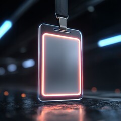 Futuristic ID badge on dark background: A sleek, illuminated ID badge suspends against a dark, futuristic backdrop, highlighting innovation and security.