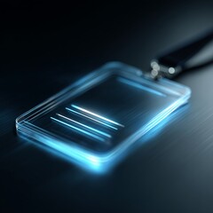 Transparent Badge with Lanyard:A luminous transparent badge laying on a dark surface, attached with a black lanyard.