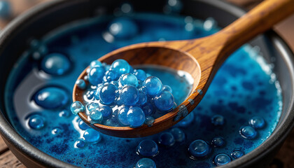 Blue edible spheres being stirred with wooden spoon in deep bowl  