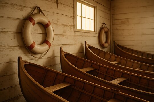 Vintage boathouse interior with wooden rowboats and life rings