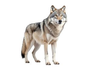 Majestic Wolf Portrait with Intense Gaze and Detailed Fur Texture Isolated on White Background