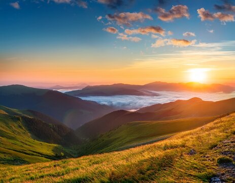 sunrise view over mountain landscape with rolling hills and soft clouds