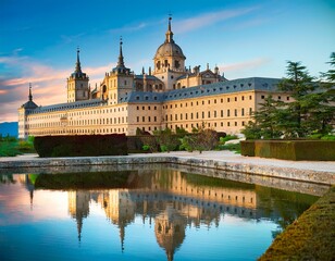 Fototapeta premium beautiful el escorial or royal site of san lorenzo de el escorial or monasterio de el escorial with garden and reflections in pond