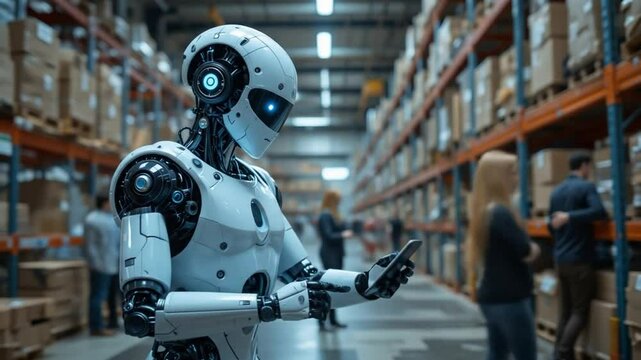 A humanoid AI robot agent works in a warehouse alongside a human, symbolizing agent automation and the future of work using autonomous bots. 4k video