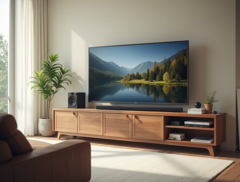 modern living room shows smart tv connected to sound bar stylish wooden tv stand complements