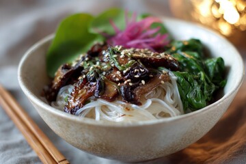 A bowl of noodles topped with glazed mushrooms green garnish and a magenta flower beside chopsticks