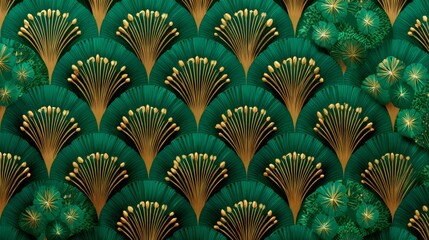 Dark Teal and Gold Art Deco Shell Motif Seamless Tile