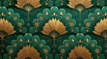 Gold and Green Art Deco Sunburst Fan Seamless Pattern
