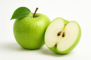 fresh green apple whole and sliced isolated on white