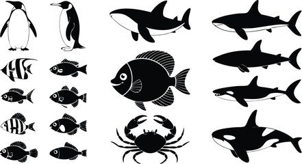 Black and White Illustration of Penguins, Sharks, Fish, and a Crab for Design