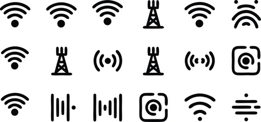 Naklejka premium Black and White WiFi, Signal Tower, Connection, and Internet Icons Collection
