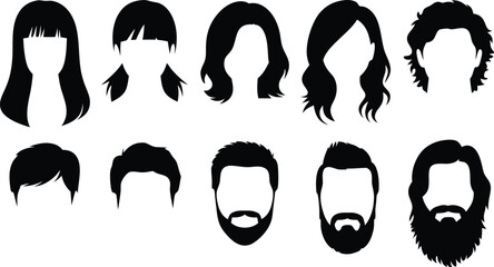 Black and White Silhouettes of Diverse Hairstyles for Men and Women with Beards