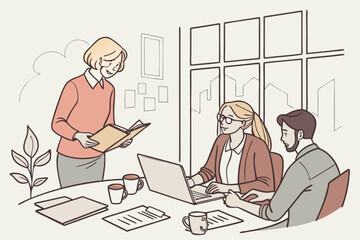 Modern office meeting illustration with natural light, glass windows, and minimalist decor—perfect for business presentations, teamwork, and workplace themes.