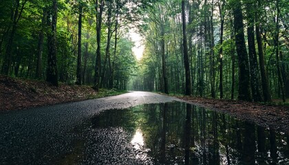 Obraz premium a puddle on the road through the dark deciduous forest of the temperate zone