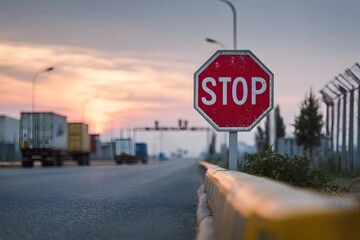 Obraz premium Stop sign on international highway showing Tariff Barrier