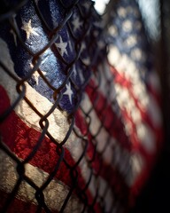 Polarized image of flags separated by chain link fence