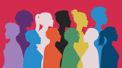 Colorful Silhouette Illustration Diverse Group of Women Standing Together on a Red Background