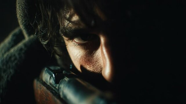 Focused marksman aims rifle for a video, face partially concealed in shadow. Rifle aimed with intense concentration for a video production, suggesting drama and suspense. 